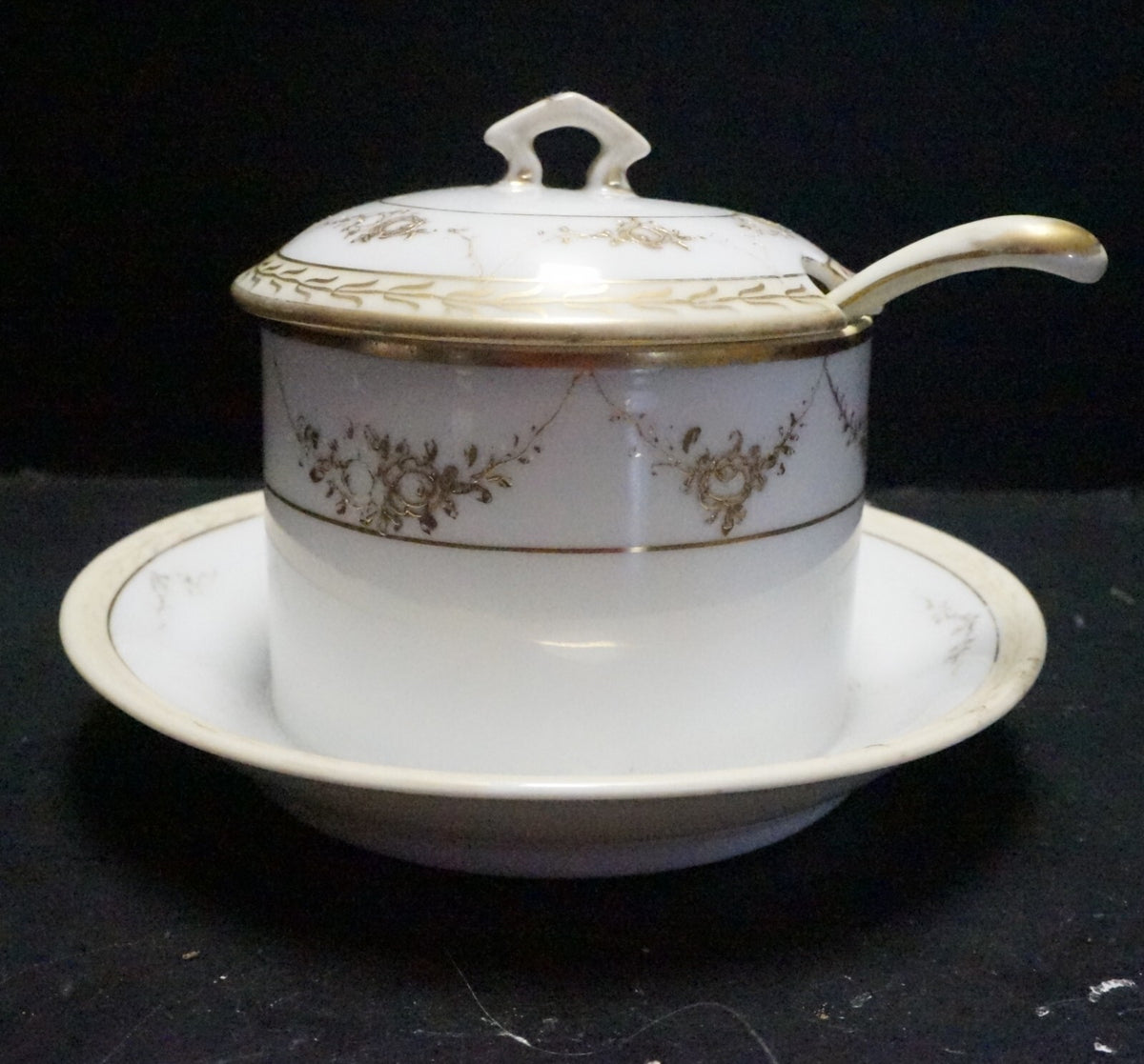 Nippon Japan Gold Roses White Condiment Mustard Jam Jar With Spoon