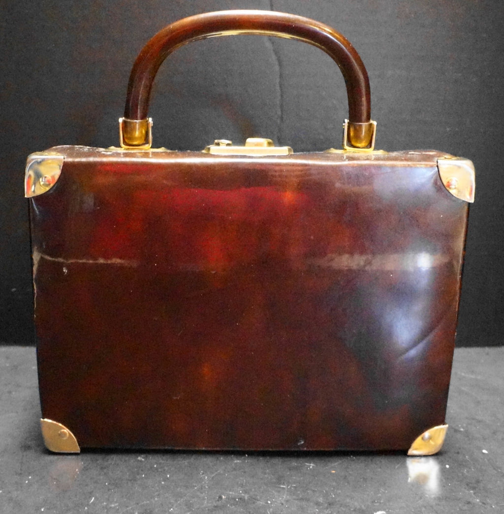 Delicato by Markay Brown Vinyl Patent Box Purse Gold Tone Hardware Attache Case