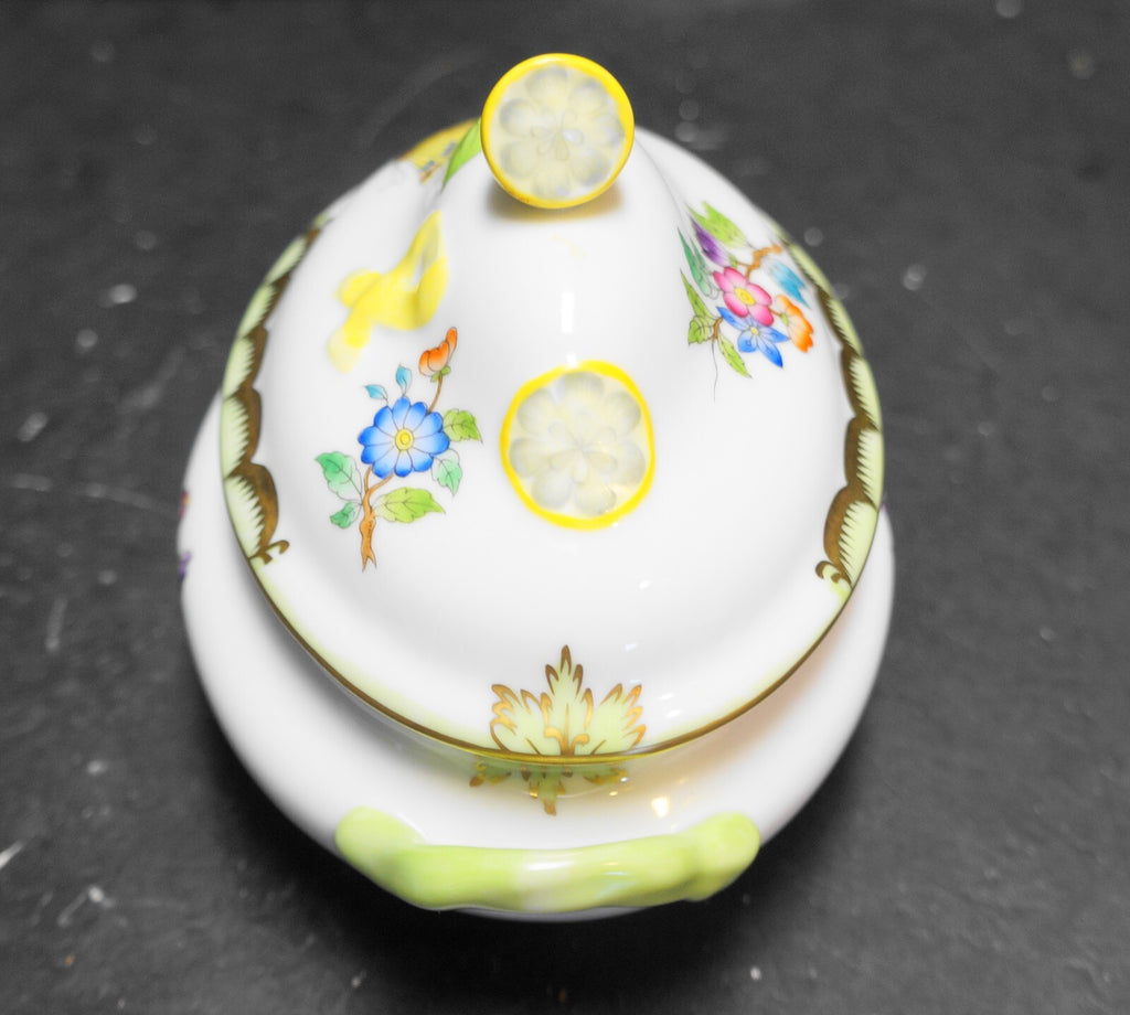 Herend Queen Victoria Green Trim Butterflies Flowers Mini Tureen Lemon Knob
