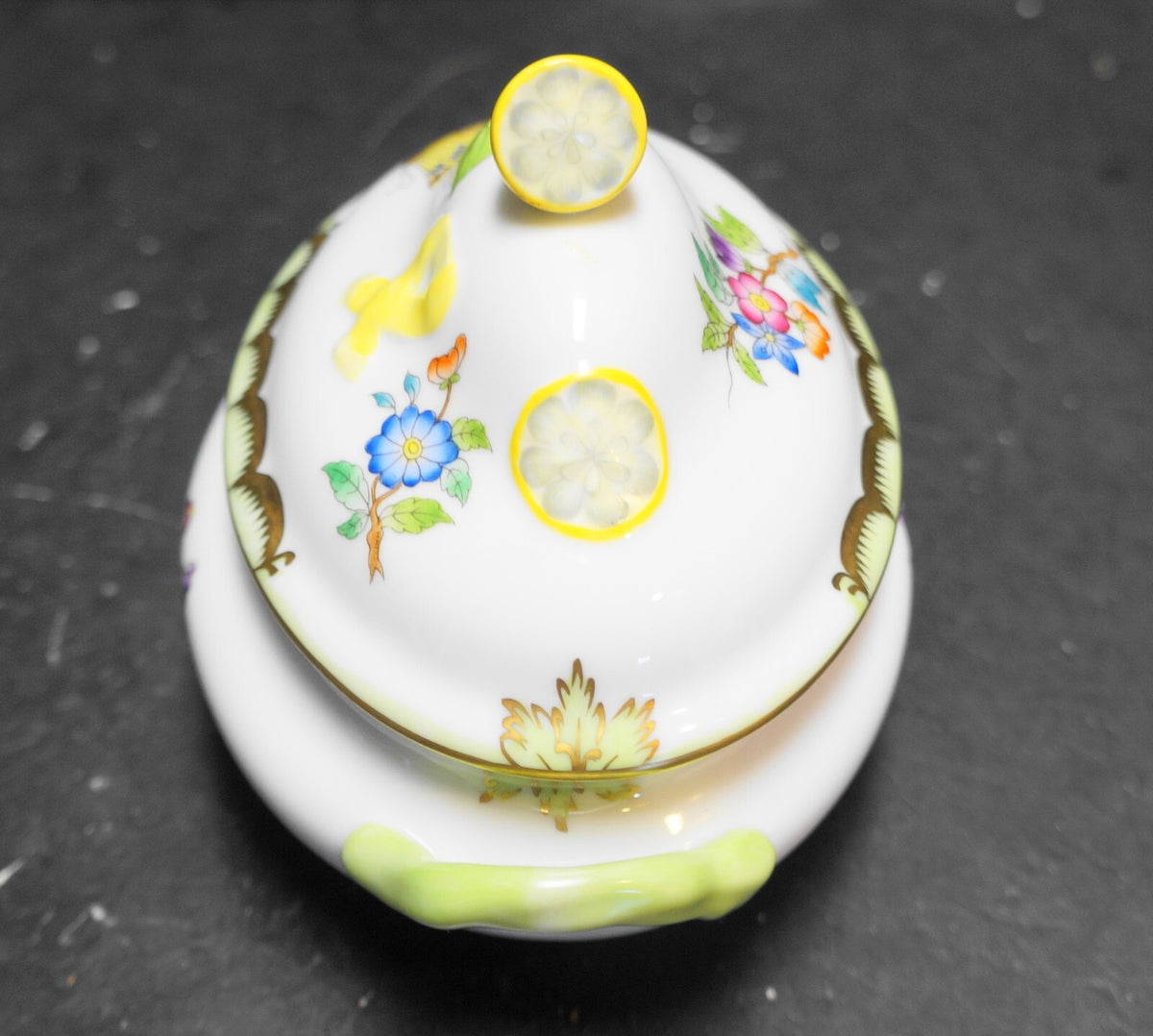 Herend Queen Victoria Green Trim Butterflies Flowers Mini Tureen Lemon Knob