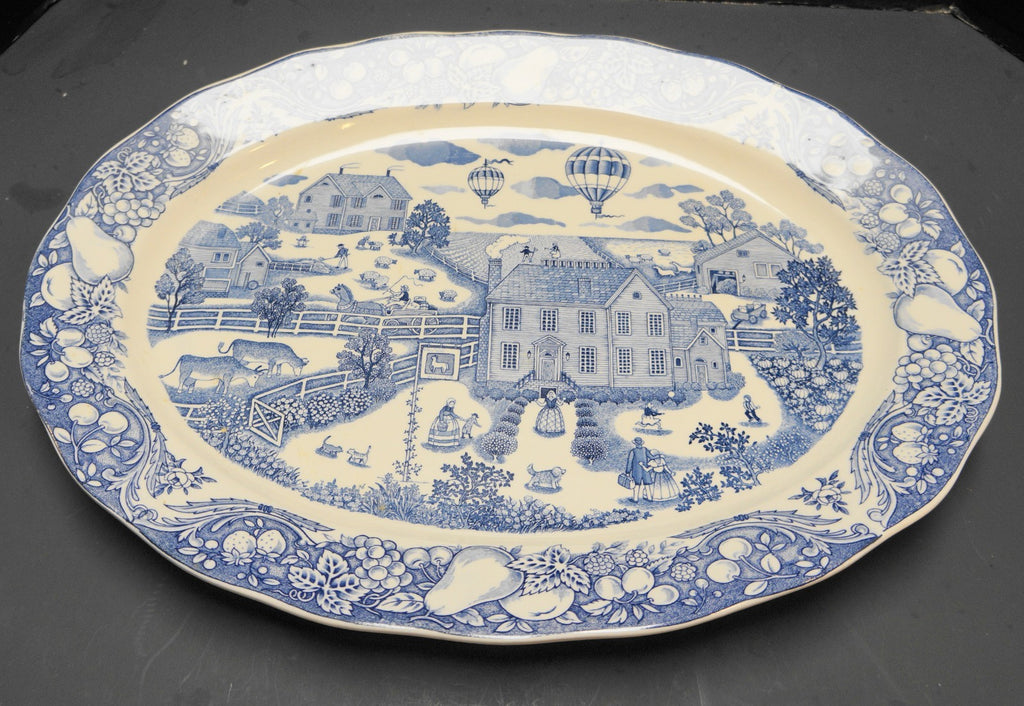 Marushin Pacific Ocean Blue Transferware Village Scene Hot Air Balloon Platter