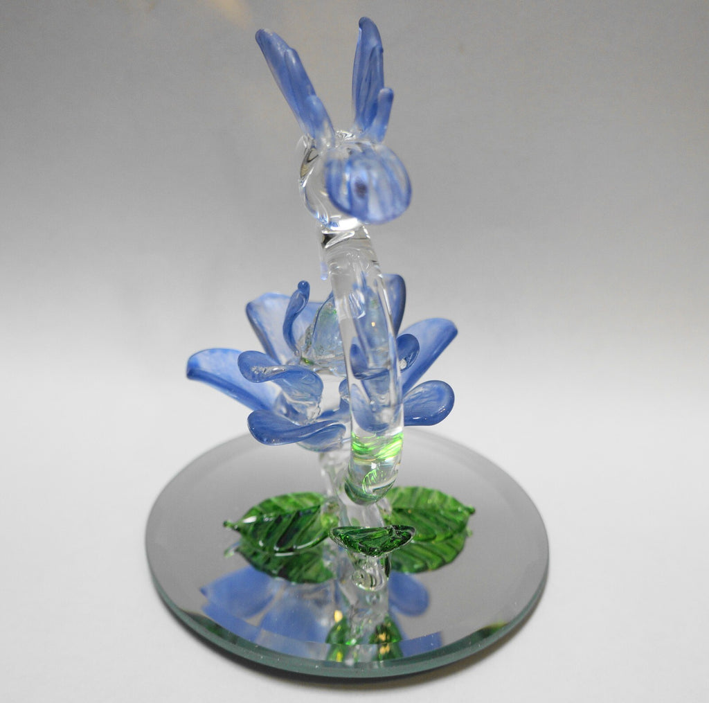 Vintage Blown Art Glass Hummingbird Blue Frosted Flower Figurine on Mirror Base