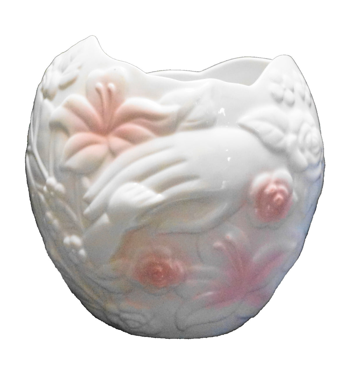 FTD Porcelain Planter Mother Baby Young Childs Holding Hands Pink White 1993