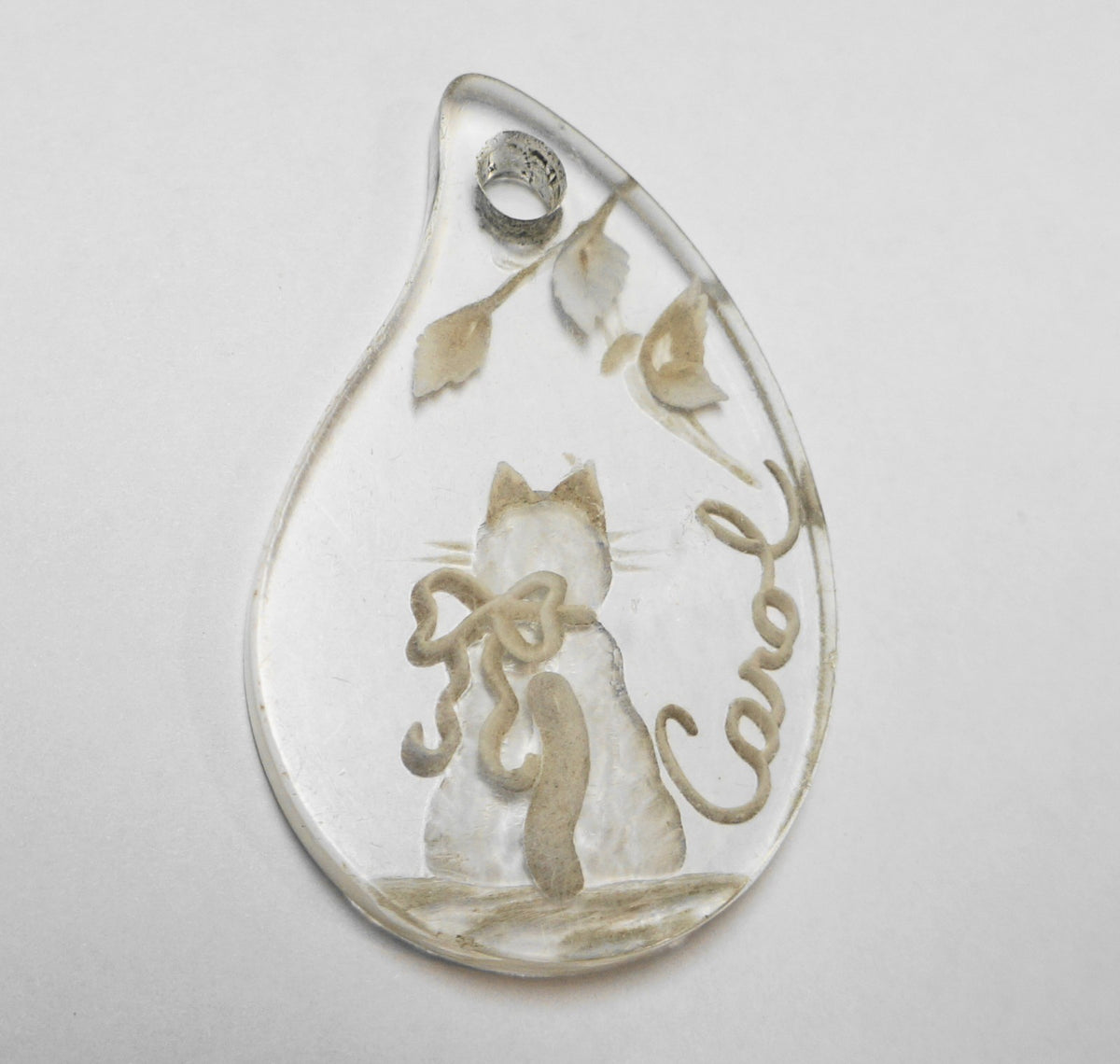 Carved Lucite Carol Name Teardrop Pendant