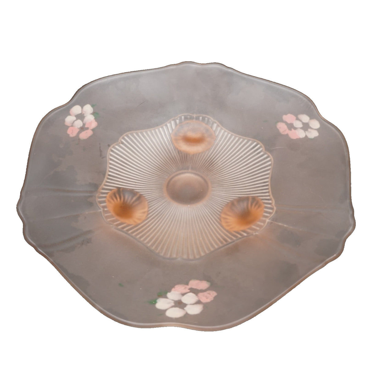 Lancaster Depression Glass Pink Satin Frosted 3 Toed Bowl Hand Painted Flowers