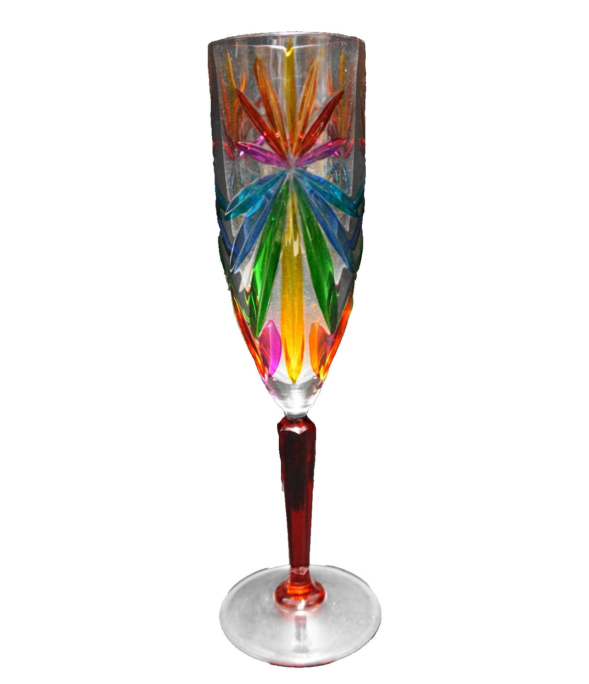 Sorrento Venetian Murano Cut Glass Hand Painted Rainbow Red Stem Champagne Flute