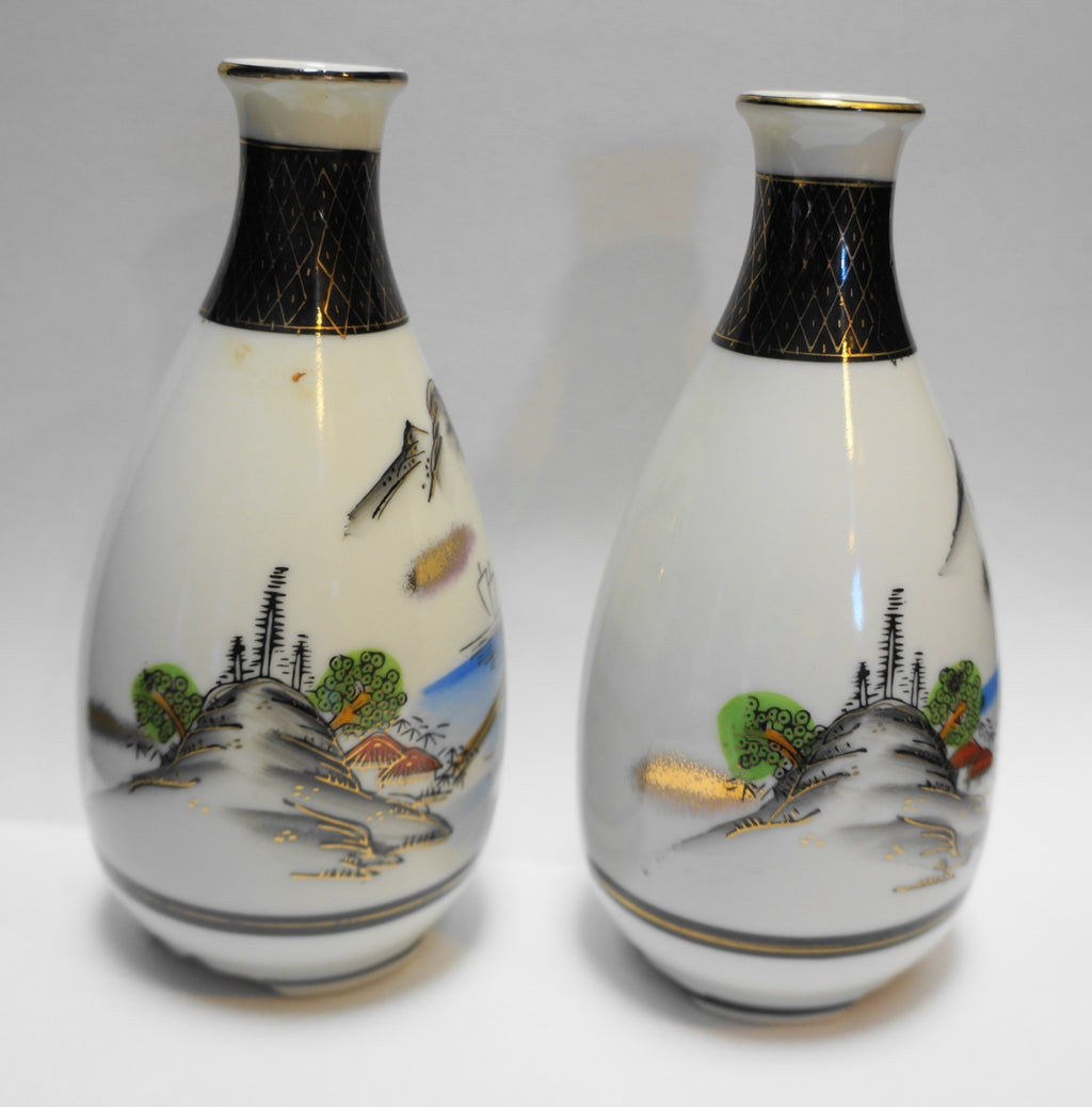 Kutani Japan Sake Bottles Pair Hand Painted Porcelain 1930s