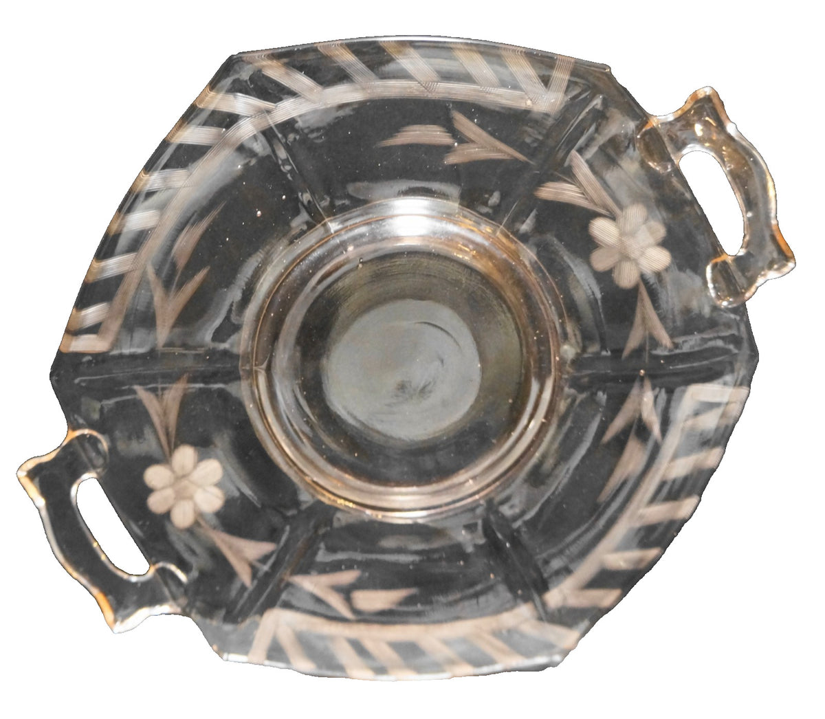 Pink Depression Glass Small Handled Plate Cut Floral Design