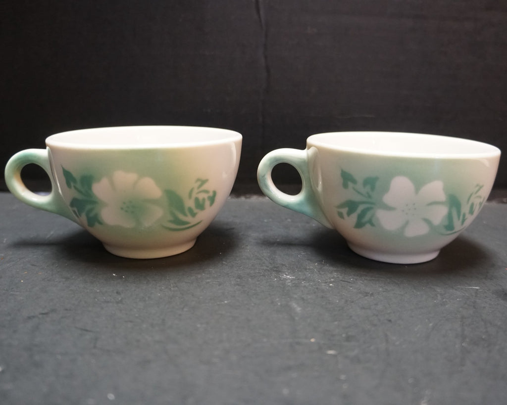 Syracuse Millbrook Airbrushed Green Floral Tea Coffee Cups Pair 1930s