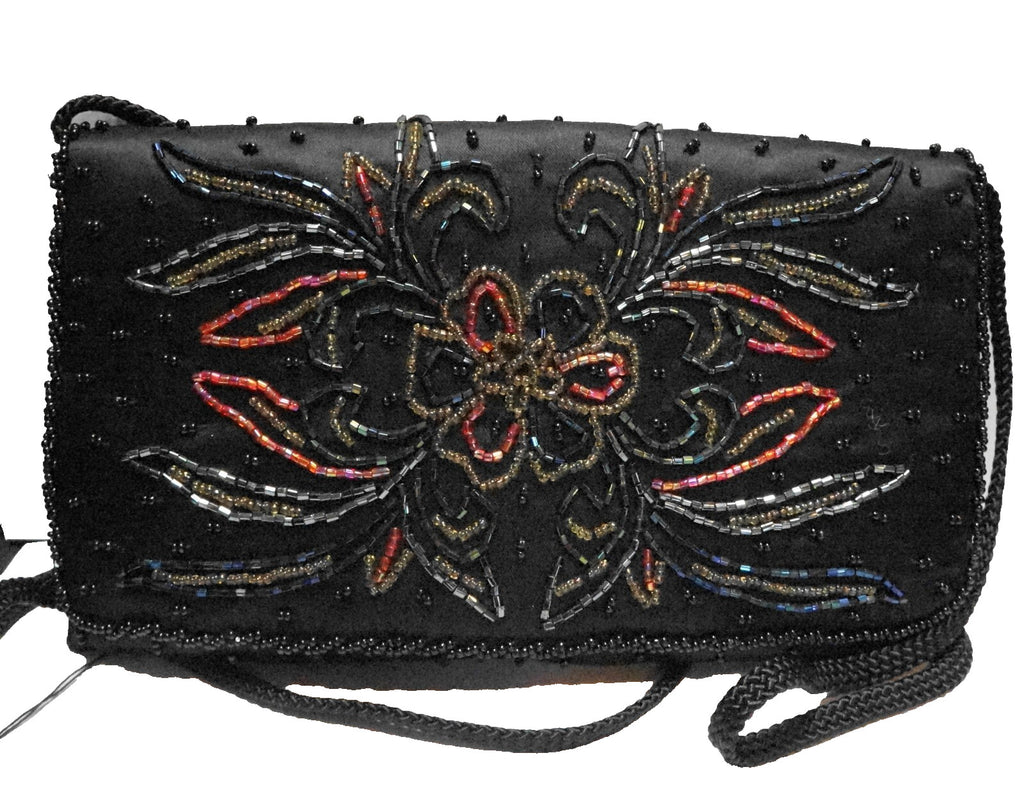 La Regale Black Satin Beaded Flowers Evening Bag Purse