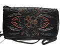 La Regale Black Satin Beaded Flowers Evening Bag Purse