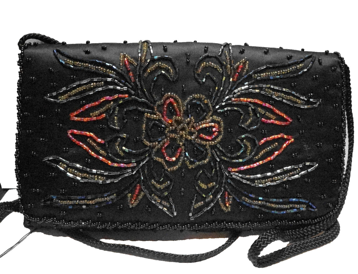La Regale Black Satin Beaded Flowers Evening Bag Purse