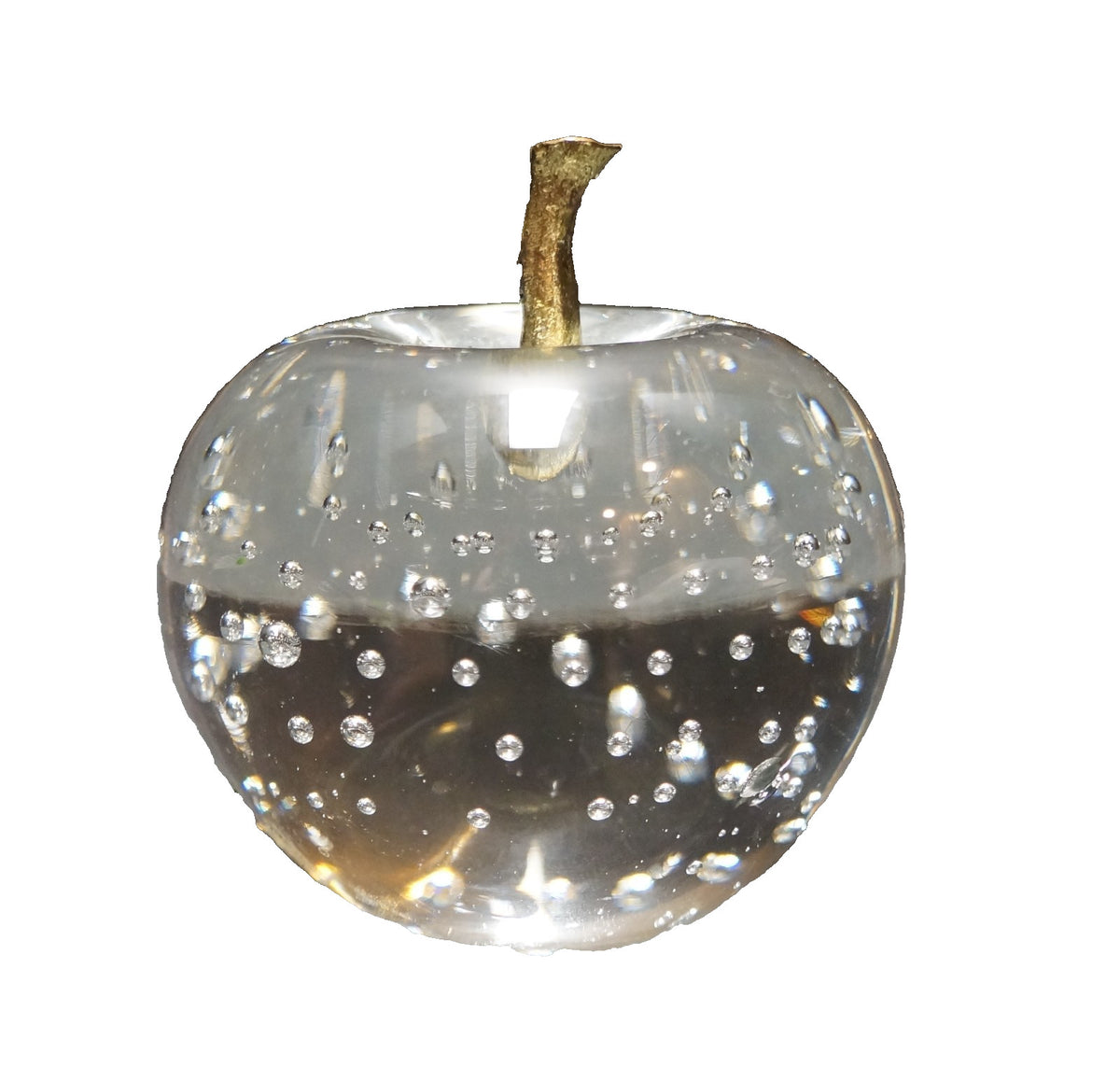 Apple Clear Glass Controlled Bubble Paperweight Brass Stem