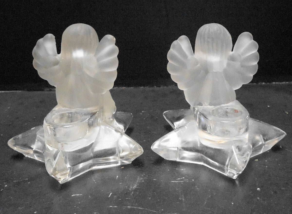 Crystal Frosted Glass Angel Star Pillow Candle Holders Pair
