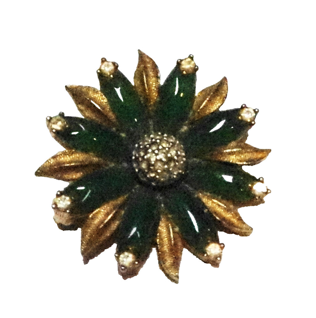 Green Glass Flower Clear Rhinestones Gold Tone Brooch Pin Unsigned