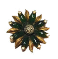 Green Glass Flower Clear Rhinestones Gold Tone Brooch Pin Unsigned