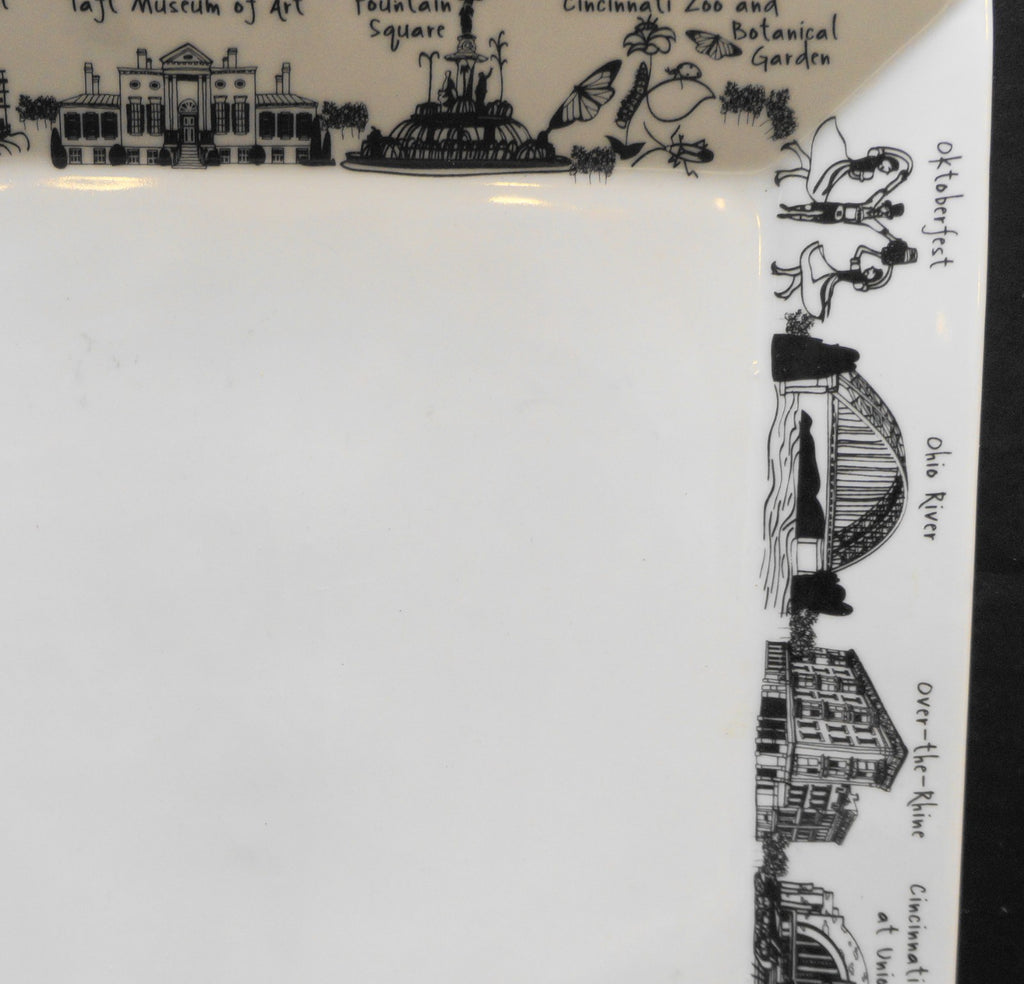 Cincinnatti Skyline The Dish Large Square Plate 10 1/2" Black White