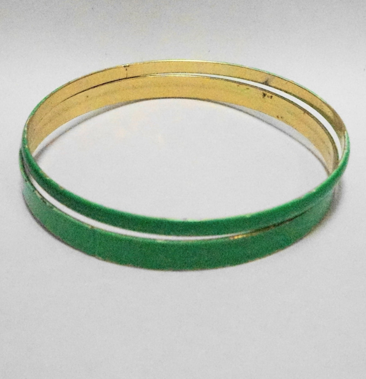 Bright Kelly Green Enamel Bangles Gold Tone Metal Pair