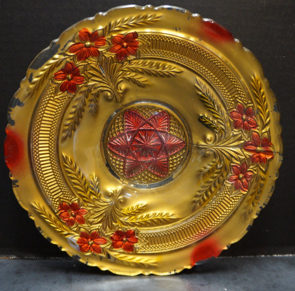 Indiana Glass Narcissus Spray Goofus Red Gold Carnival Plate EAPG