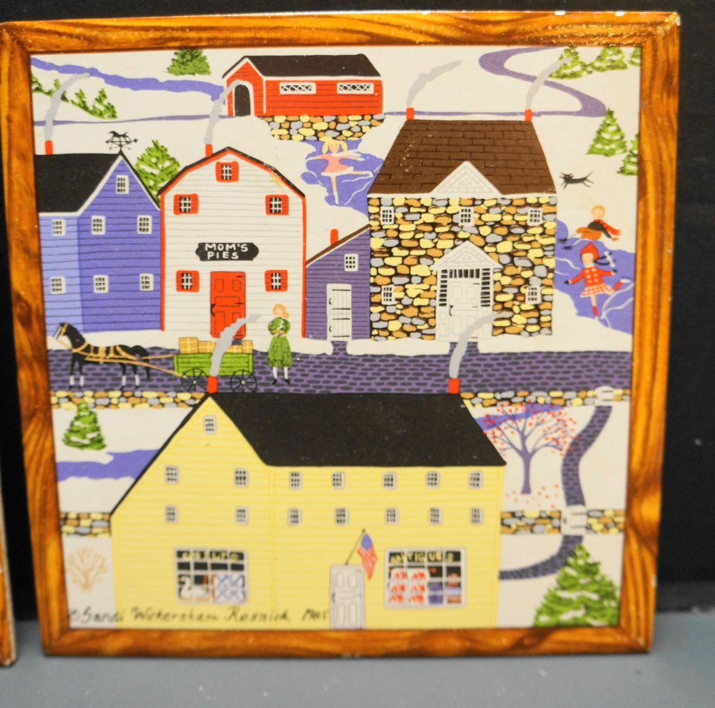 Sandi Wickersham Resnick Tiles Pair Skating Pond Down by the Sea 7 7/8 IN