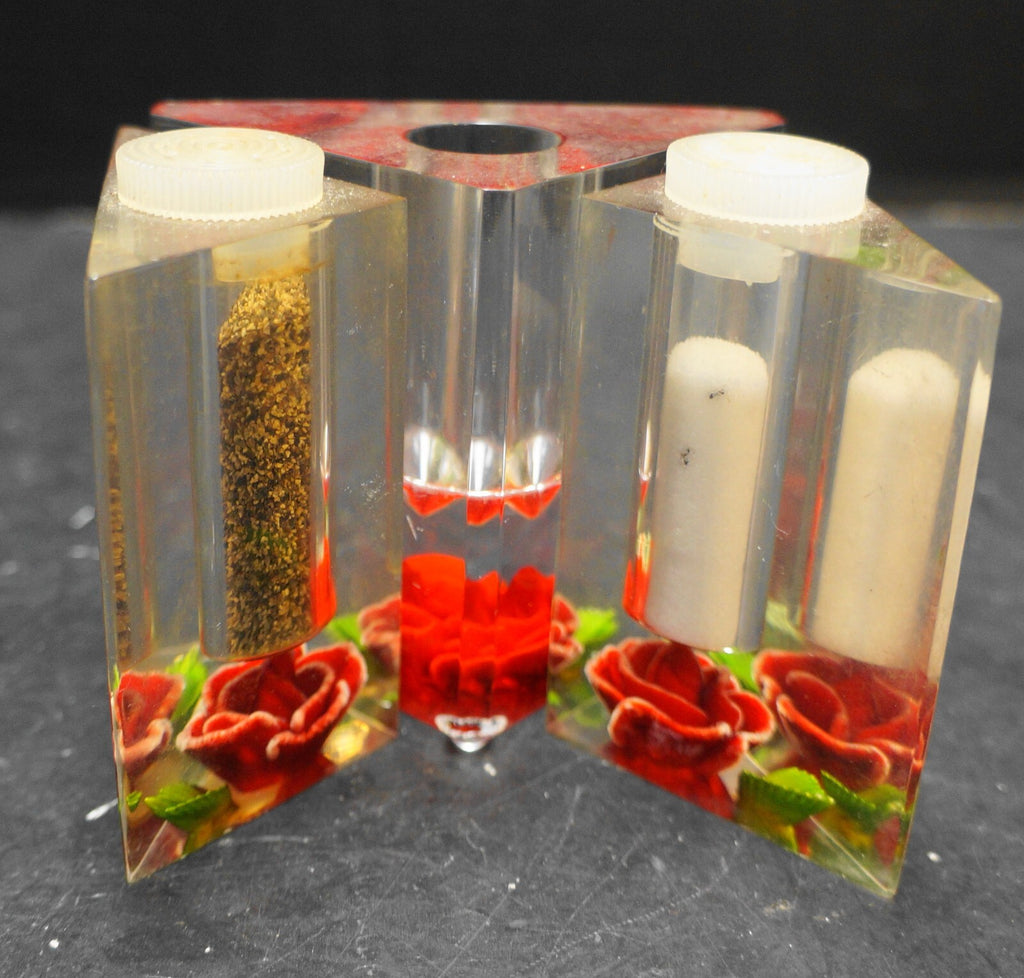 Bircraft Lucite Carved Rose Salt Pepper Shakers Single Candle Holder