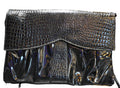 Black Patent Vinyl Moc Croc Envelope Style Purse Shoulder Bag