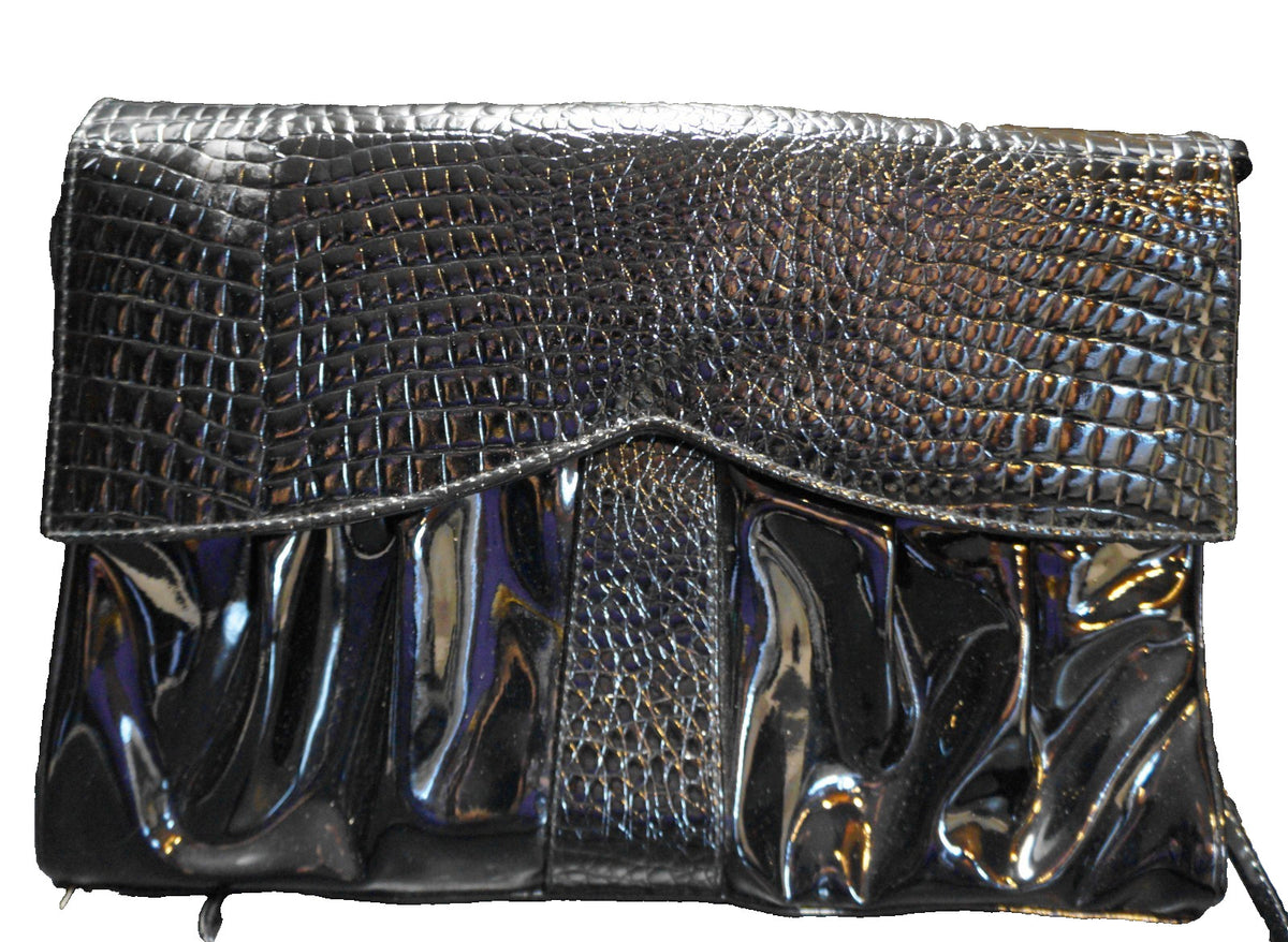 Black Patent Vinyl Moc Croc Envelope Style Purse Shoulder Bag
