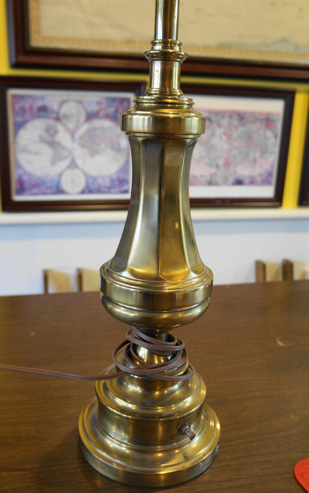 Stiffel Paneled Brass Table Lamp With Drum Shade 33 IN