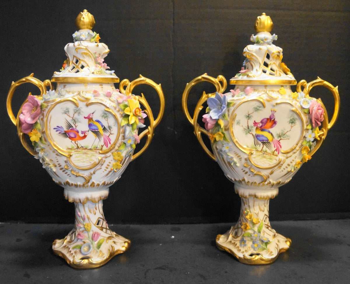 Von Schierholz Urns Pierced Applied Flowers Hand Painted Pheasants