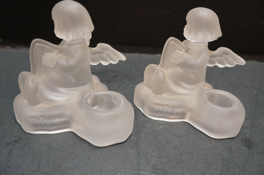 Avon Goebel Hummel Frosted Lead Crystal Angel Figurine Candle Holders Pair 1995