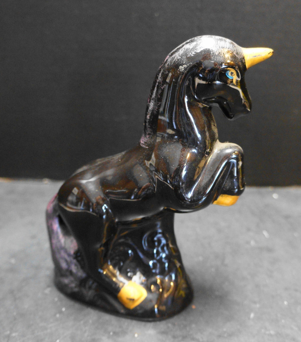 Black Glossy Unicorn Figurine Standing Gold Trim Pink Mane Tail