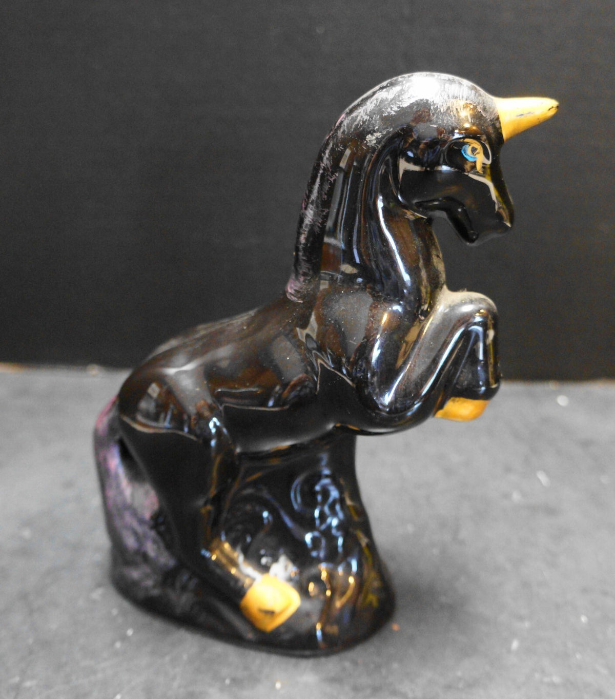 Black Glossy Unicorn Figurine Standing Gold Trim Pink Mane Tail