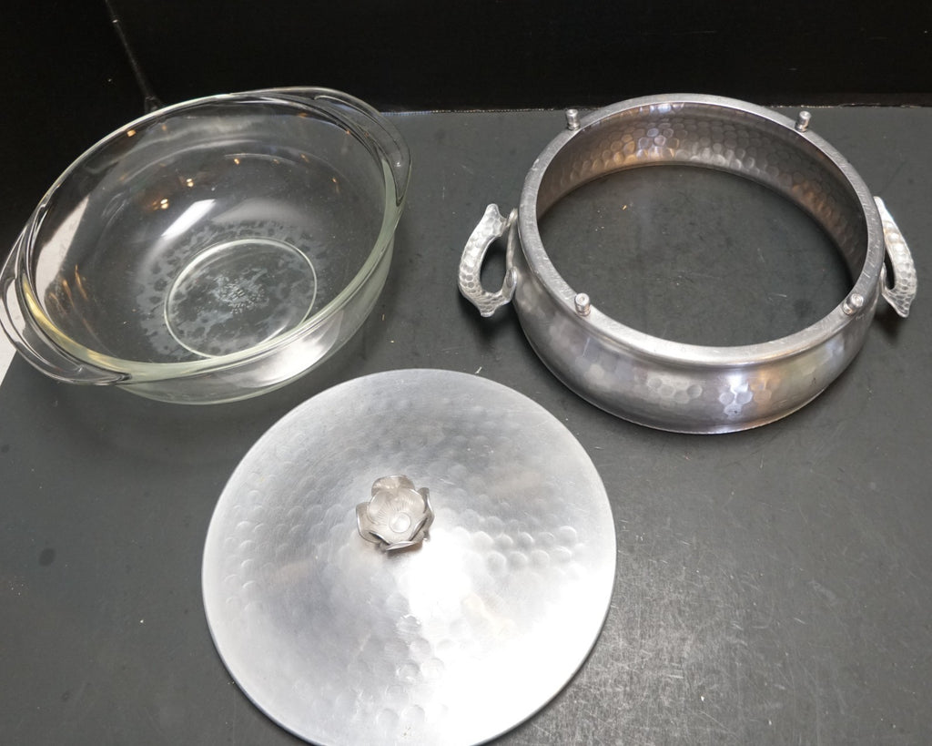 Hammered Aluminum Pyrex Liner Casserole Dish Midcentury