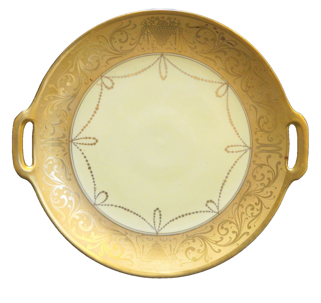 Gold Encrusted Rim Porcelain Double Open Handled Cake Plate Urns Scrolls Swags