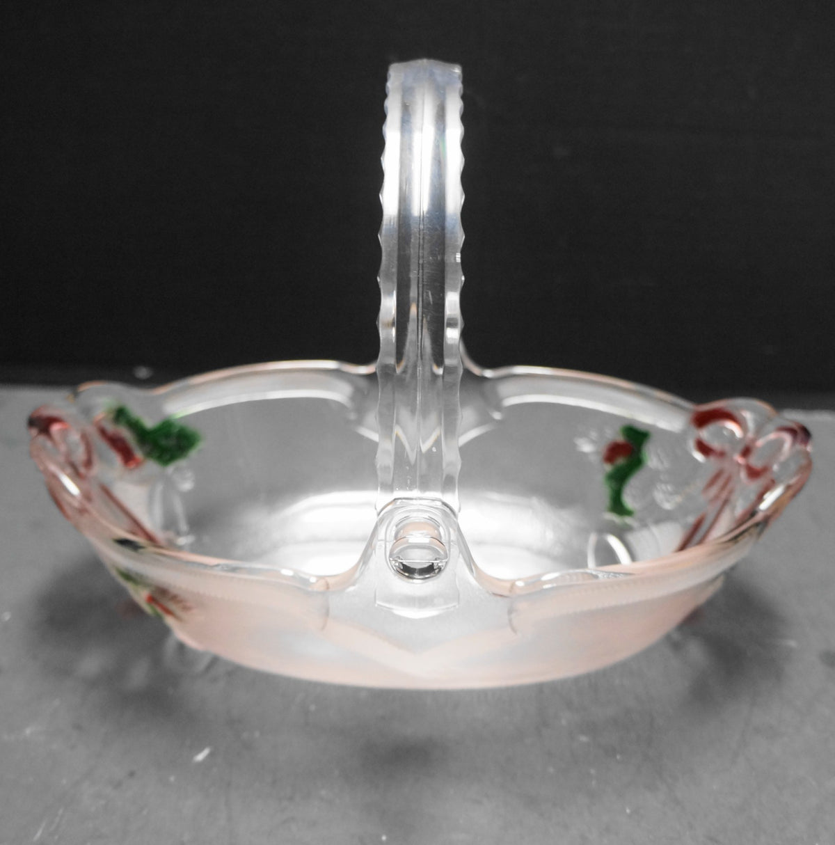 Mikasa Holiday Bells 9 1/2 IN Oval Basket Bowl Frosted Stained Red Green