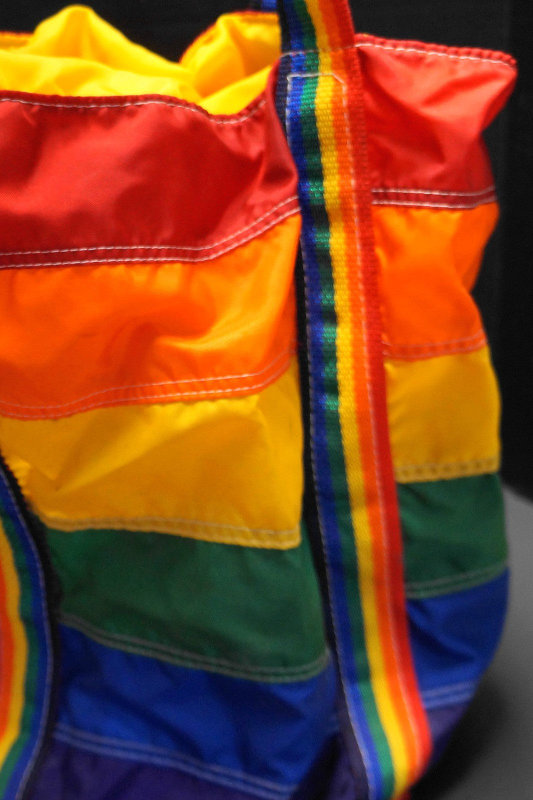 Taylor Made Rainbow Stripe 1980s Drawstring Bucket Bag Nylon