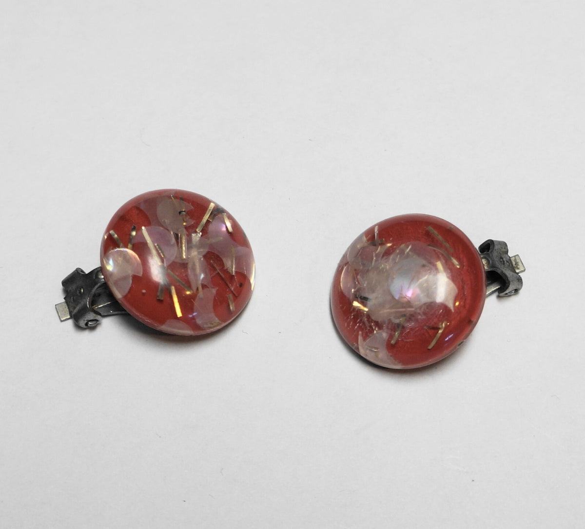 Red Clear Silver Lucite Confetti Earrings Domed Button Clips