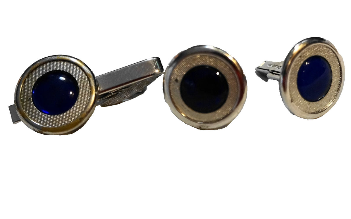 Cobalt Blue Glass Cab Textured Silver Tone Cufflinks Tie Bar