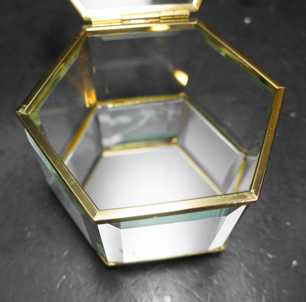 Beveled Glass Cut Flowers Lid Hexagon Jewelry Trinket Box