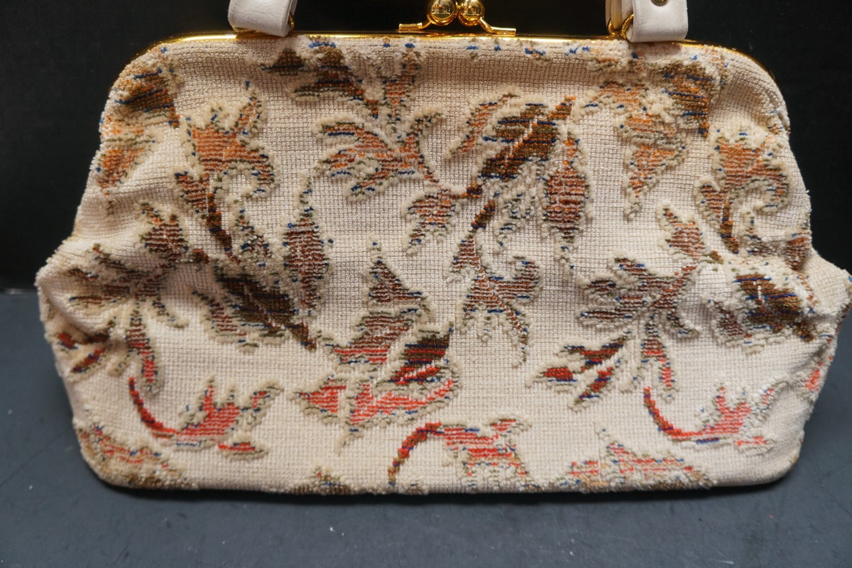 Cream Floral Cut Chenille Carpet Bag Purse 1960s