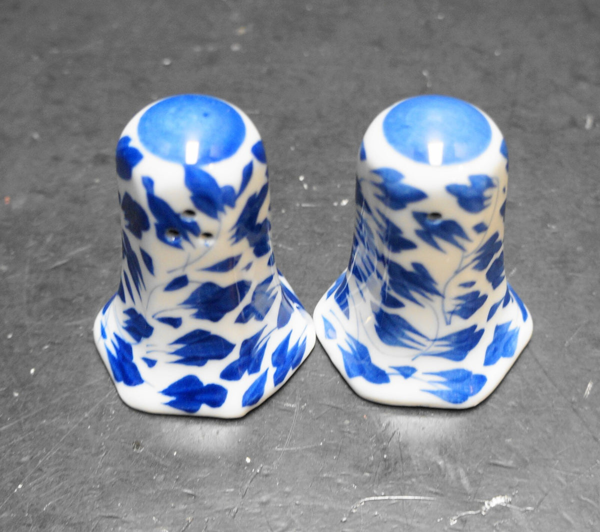 Blue White Hand Painted Leaves Flowers Salt Pepper Shakers
