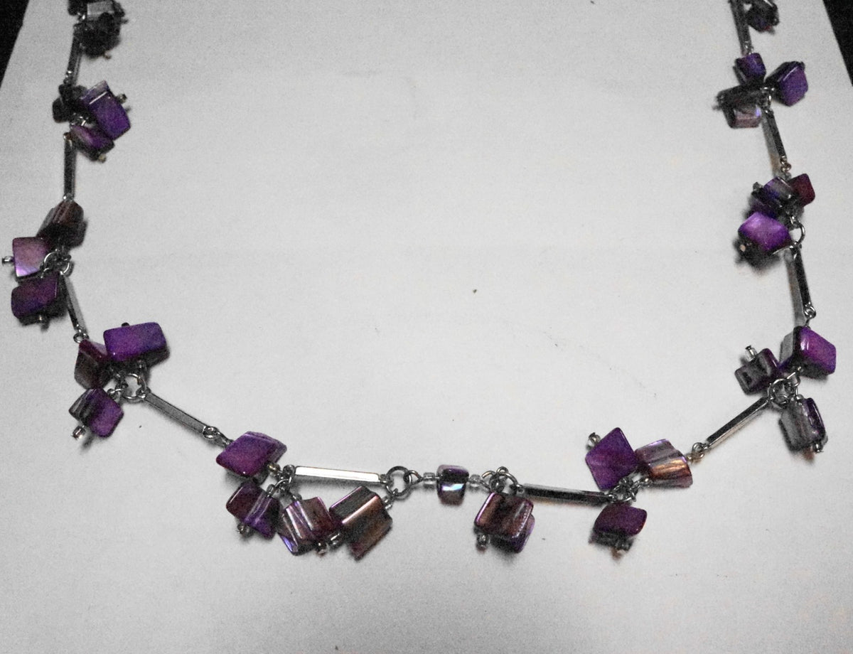 Purple Lavender Mother of Pearl Chip Silver Tone Tube Chain Necklace