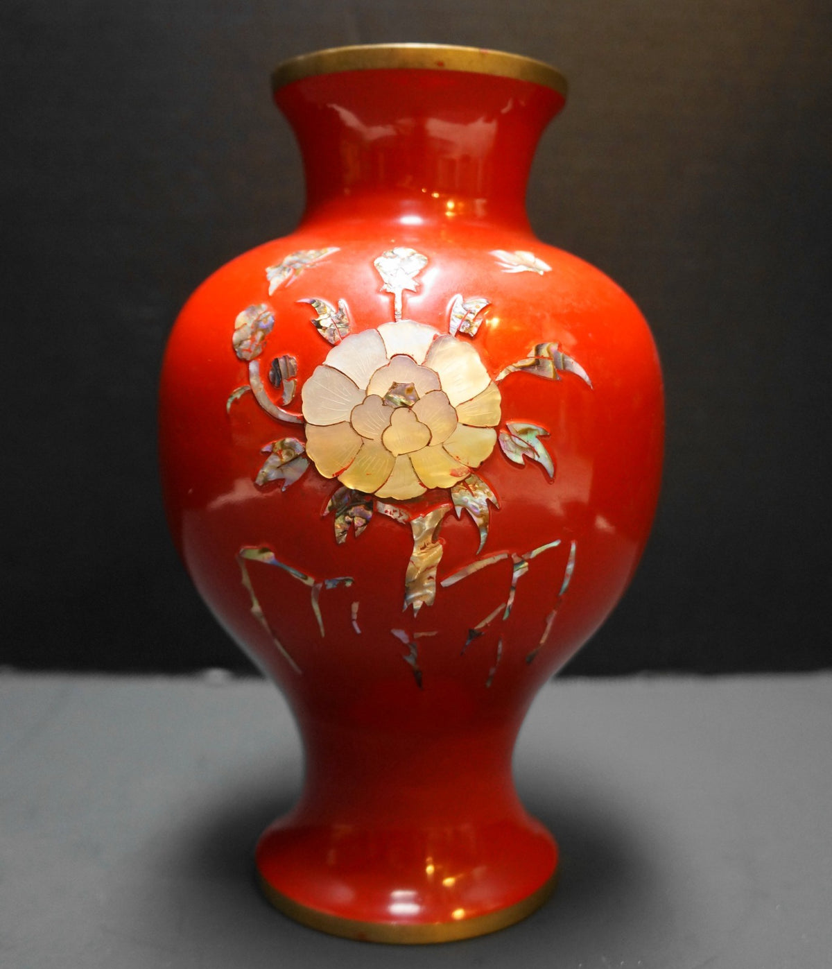 Red Enamel Over Brass Mother of Pearl Abalone Inlay Flower Vase Korea