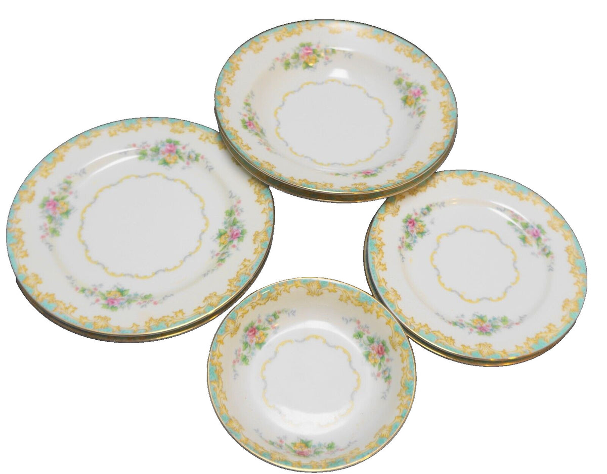 Noritake Adela Bowls Plates 7 Pieces 1930s Aqua Rim