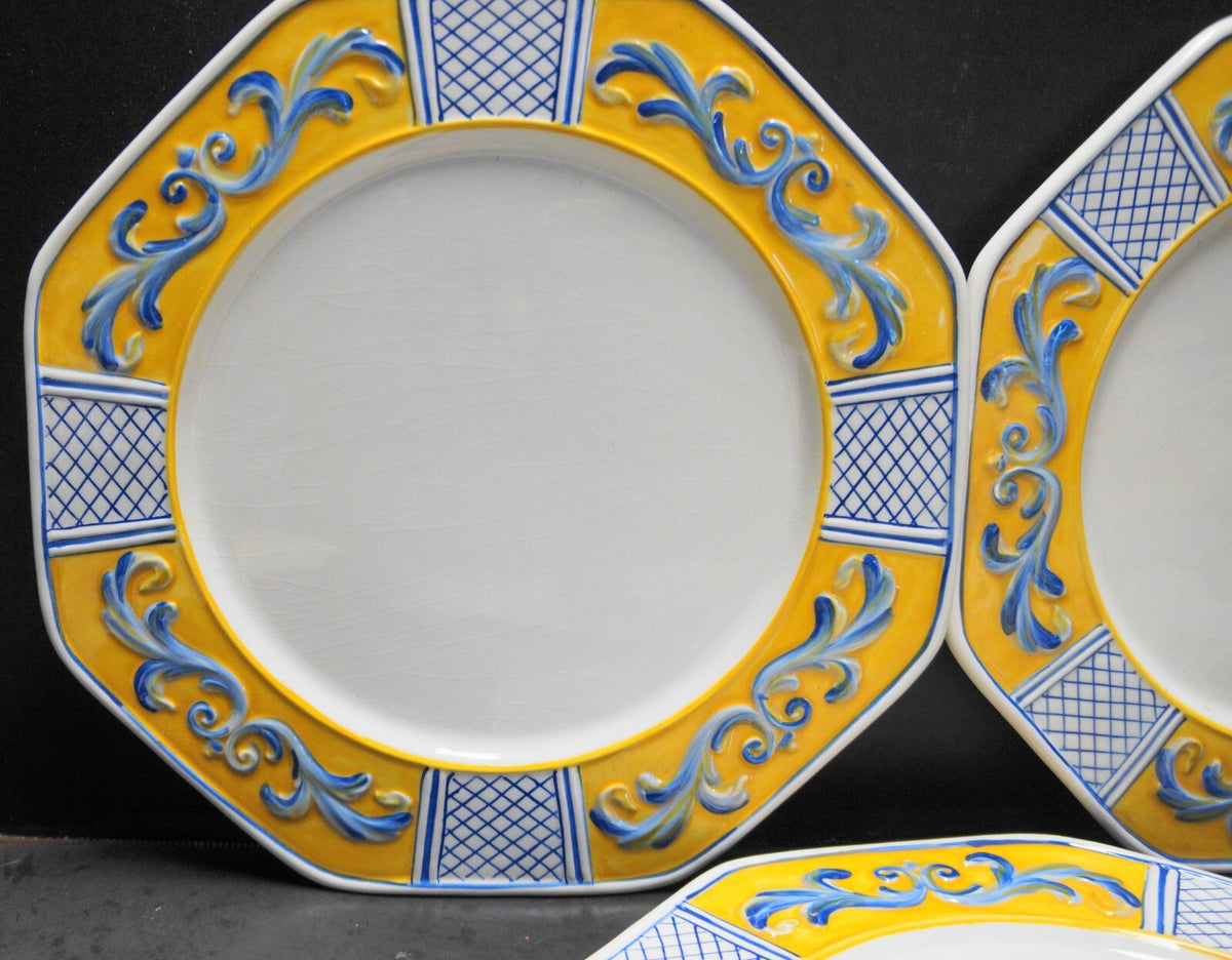 Fitz and Floyd Ricamo Trattoria Dinner Plates Set of 3 Yellow Blue