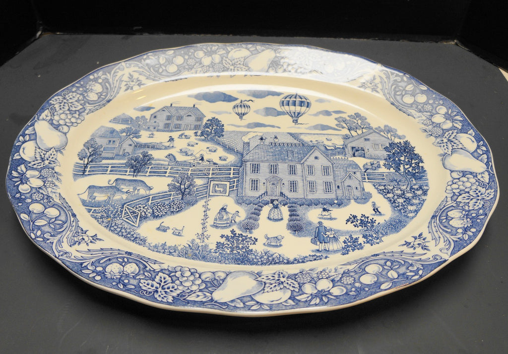 Marushin Pacific Ocean Blue Transferware Village Scene Hot Air Balloon Platter