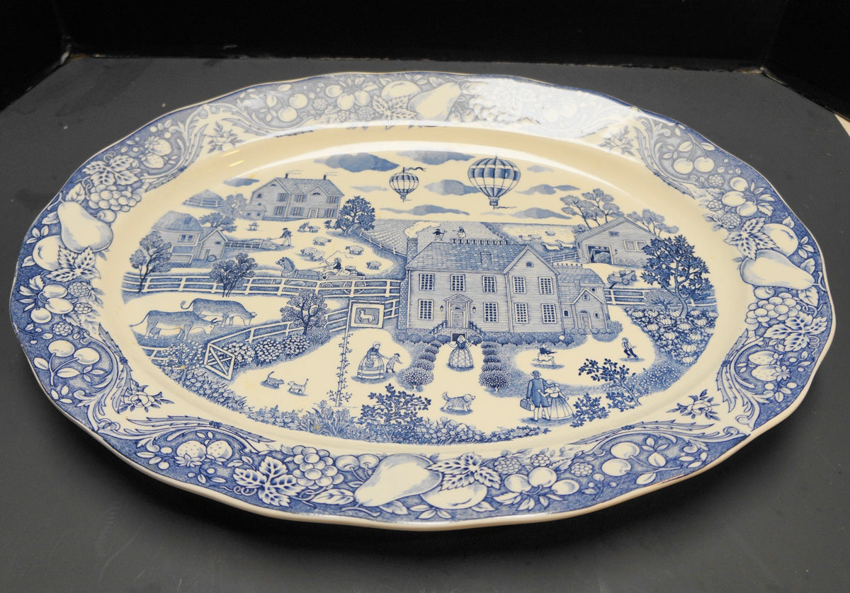 Marushin Pacific Ocean Blue Transferware Village Scene Hot Air Balloon Platter