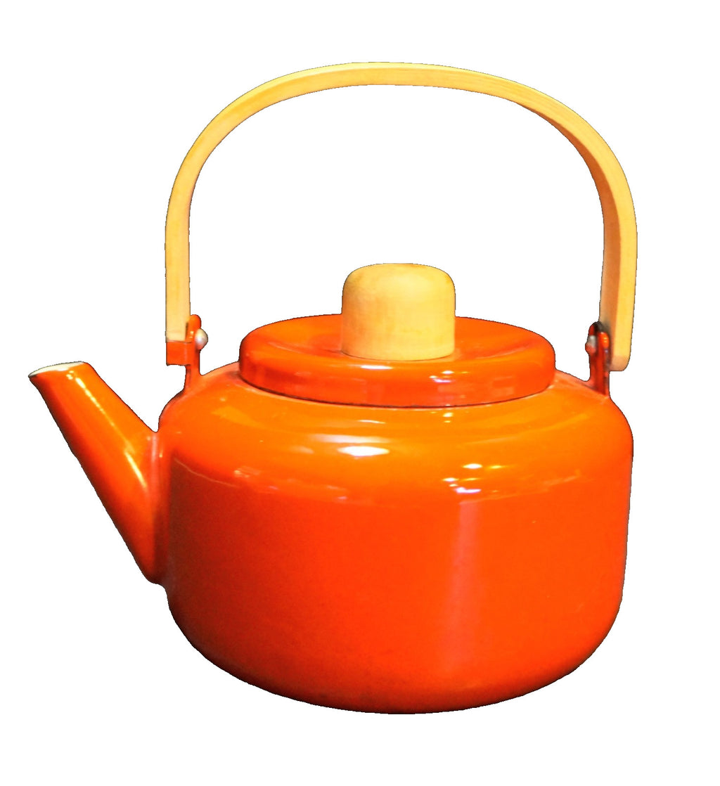 MCM Tomato Red Enamel Small Tea Kettle Tea Pot Pale Wood Handles