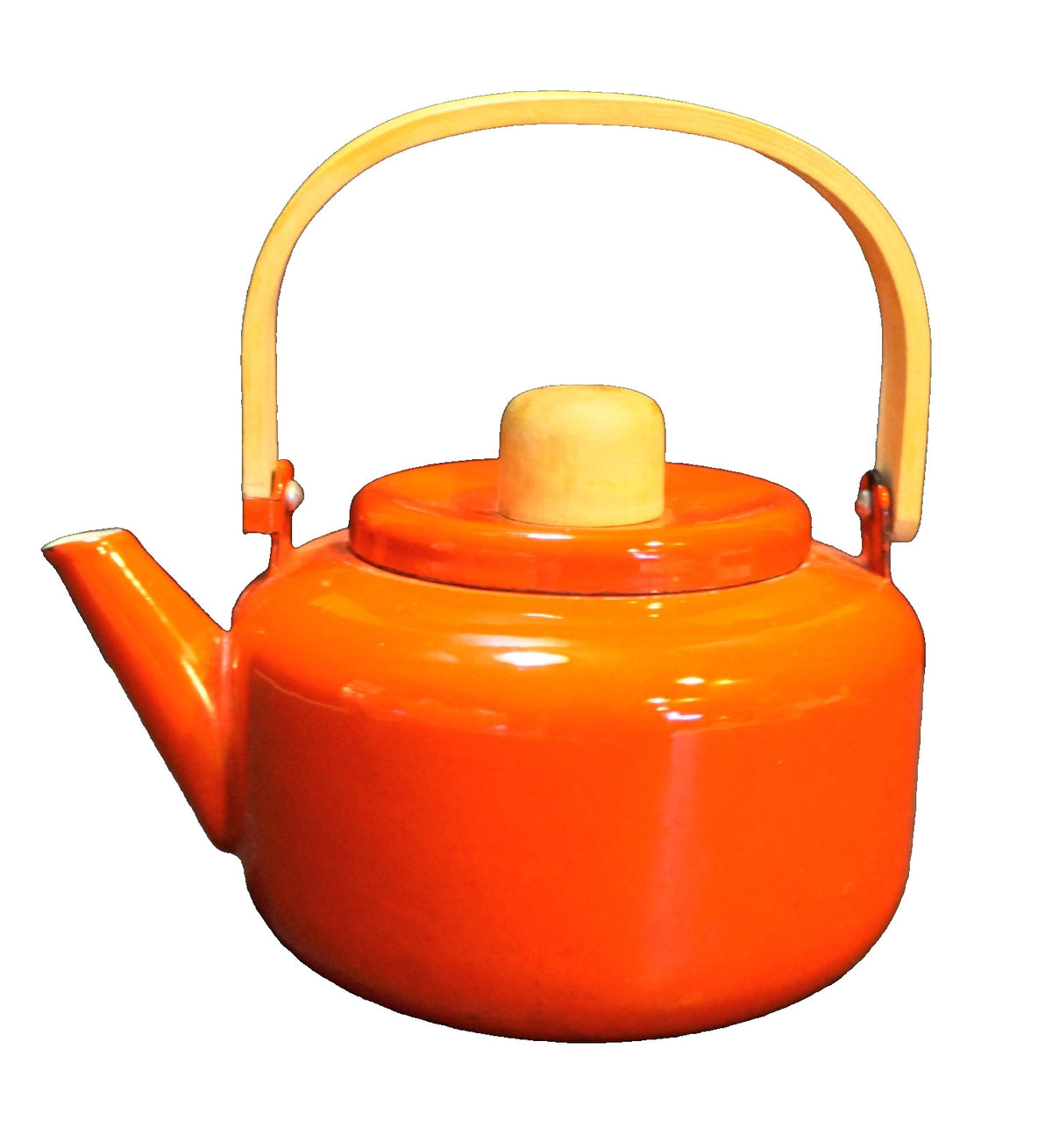 MCM Tomato Red Enamel Small Tea Kettle Tea Pot Pale Wood Handles