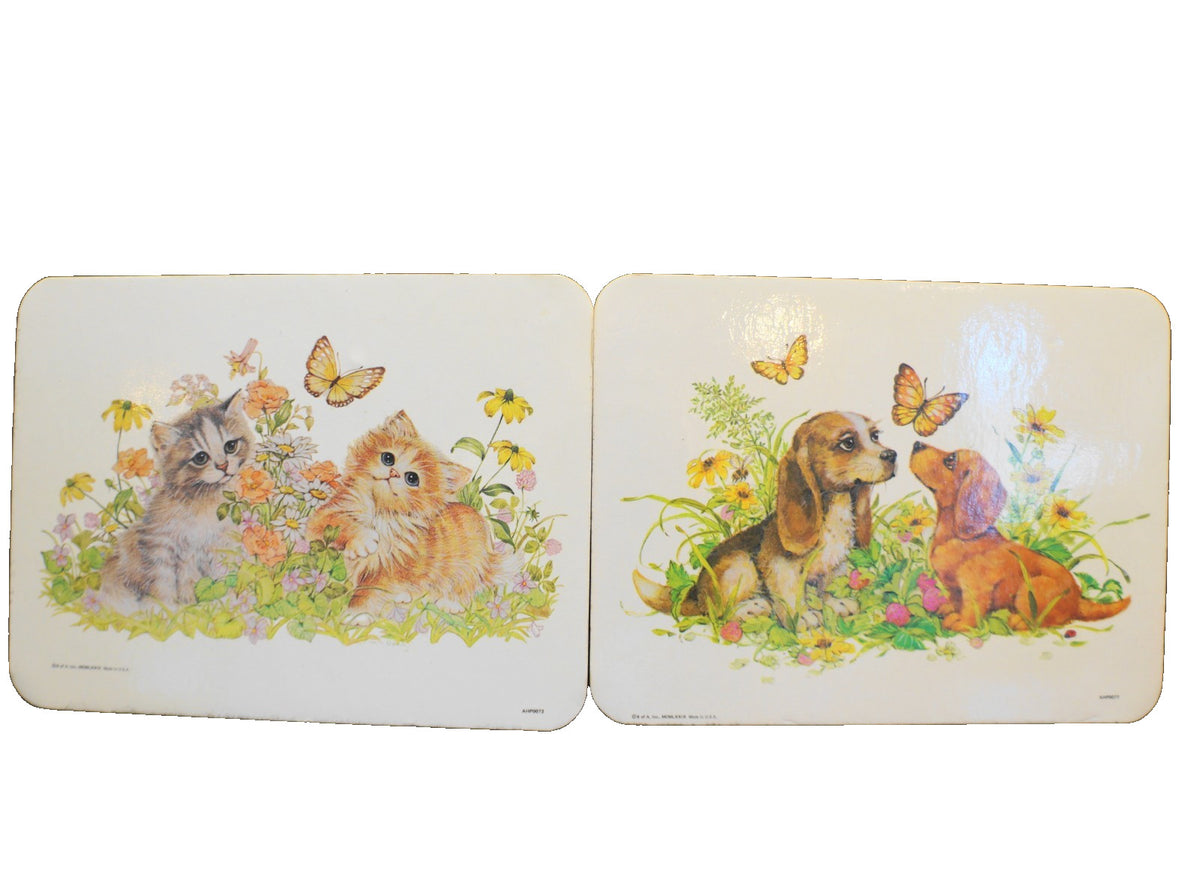 Bright Crest Hot Plaque Trivets Pair Puppies Kittens 1979